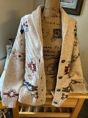 Lucky Brand Neutral & Rust Knit Cardigan Mexican Design Horse Fab Back!! L